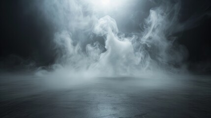 Abstract image of dark room concrete floor. Black room or stage background for product placement.Panoramic view of the abstract fog. White cloudiness, mist or smog moves on black background.  - obrazy, fototapety, plakaty