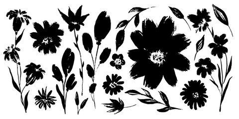 Set of flowers silhouettes. Collection of branches, leaves, floral stems isolated on white background - obrazy, fototapety, plakaty