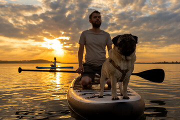 Man paddle boarding at lake during sunset together with pug dog. Concept of active tourism and...