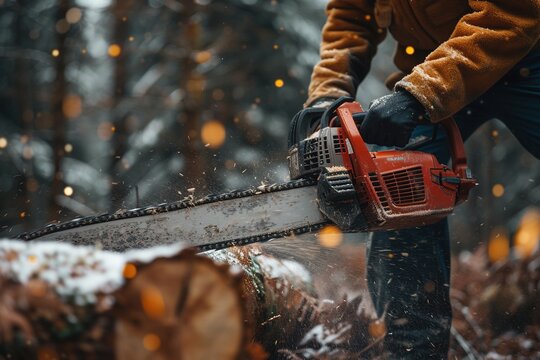 A man is cutting wood in the forest with a chainsaw.