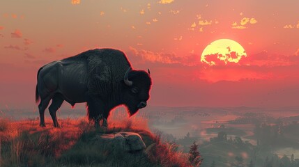 Bison standing on hill at sunset.