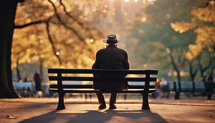 back view of an old man in a hat sitting on a bench in central park, sunset
