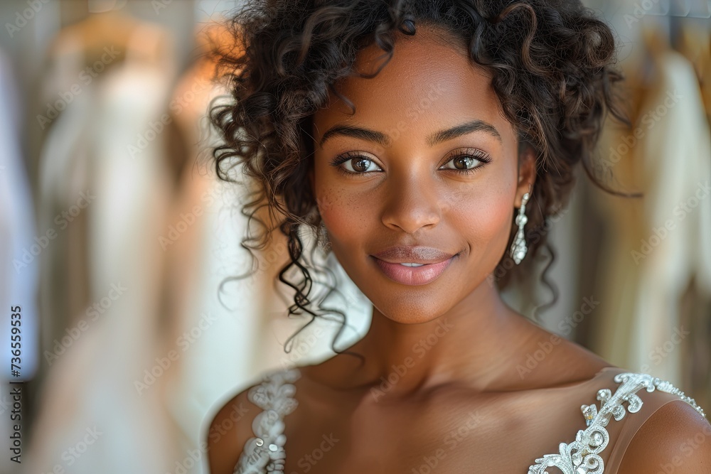 Wall mural portrait of african american bride trying on wedding dress.