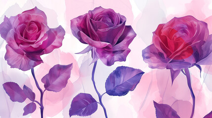Luxurious abstract set with magenta transparent flowers roses in a watercolor style. Hand drawn botanical floral set