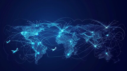 Fototapeta na wymiar Airplanes travel abstract background - flying airplanes routes in the shape of the world map - Aviation and air travel concept - line art vector blue
