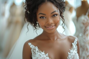 Portrait of african american bride trying on wedding dress.