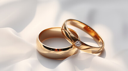 Two gold wedding rings that are on a white background with a diamond