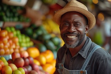 Happy african fruit owner in shop at market.	