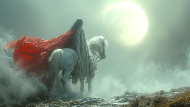 Enigmatic Woman Riding Horse in Misty Moonlight
