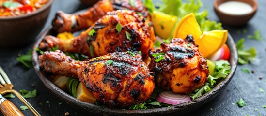 Indian-style grilled chicken served with salads and charcoal chicken in India. - obrazy, fototapety, plakaty