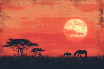 Fototapeten Painting of african safari at sunset. © Bargais