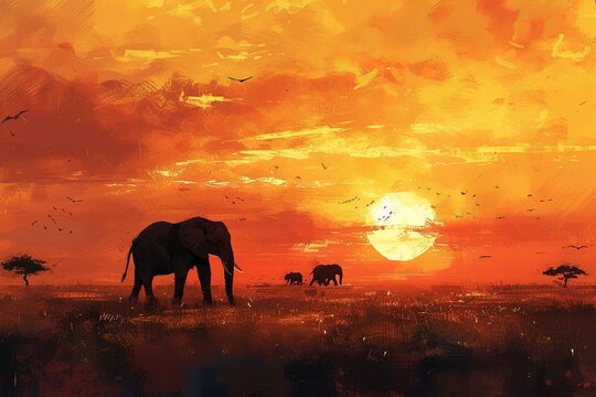 Painting of african safari at sunset.