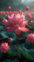 Obraz premium Red lotus flower is illuminated, with water droplets on its petals, against a backdrop of blurred green leaves and other lotuses, creating a serene atmosphere