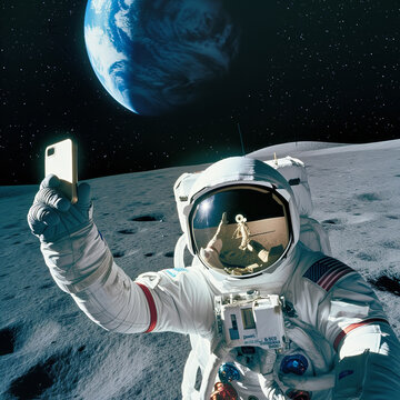 Astronaut taking selfie on moon with Earth in backdrop