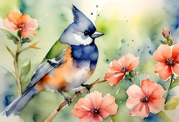 blue bird on a branch watercolour painting 