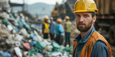 Fototapeta premium A male worker sorts garbage for recycling as part of a recycling plan.