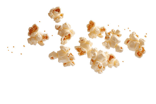 Scattered Air-Popped Popcorn Kernels Flying Isolated on Transparent Background