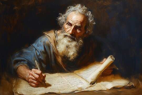 Apostle Paul writing in parchment scroll inspired by the Holy Spirit.	