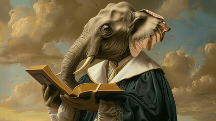 anthropomorphic painting of elephant dressed as a lawyer in renaissance humanism  - obrazy, fototapety, plakaty