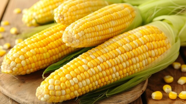 Ripe golden corn cobs close up in agriculture field with copy space for text, farming background