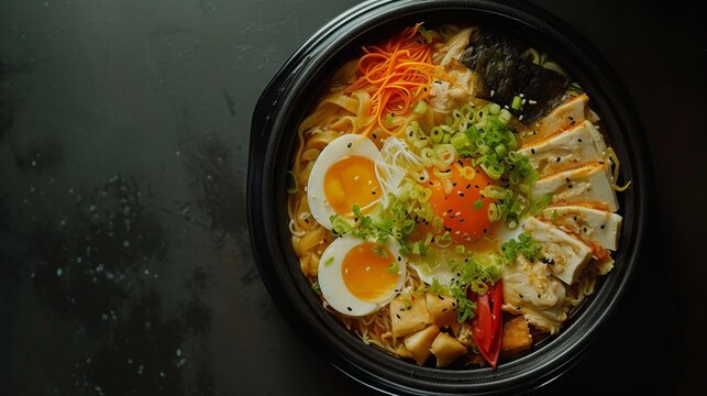 Asian noodle soup, chicken ramen, tofu, vegetables and eggs in black bowl. Slate history. Top view. --ar 16:9 --v 6 Job ID: d1d3afc6-c927-4dae-ad6b-ffbba9f4ce2c