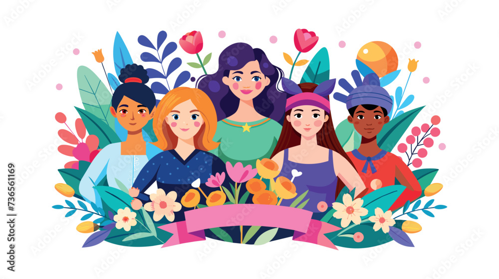 Wall mural Diverse group of happy women surrounded by flowers