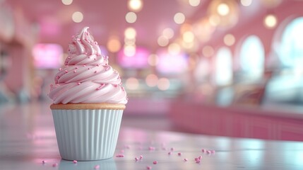 Pink Frosted Cupcake on blurred interior background in Pastel Dessert Shop - obrazy, fototapety, plakaty