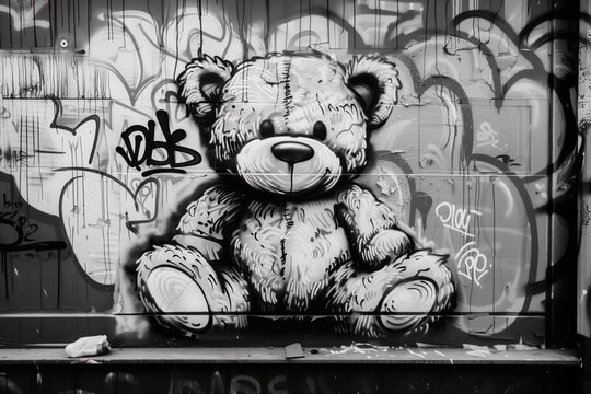 Teddy bear graffiti on a wall in street art style. Black and white photo