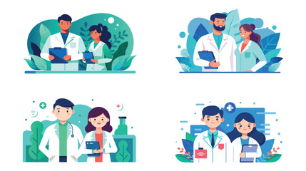 Healthcare professionals teamwork in animated illustrations
