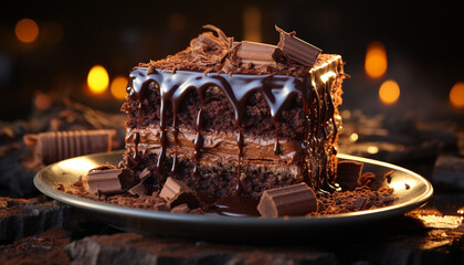 Obraz premium A decadent slice of homemade chocolate fudge on a plate generated by AI