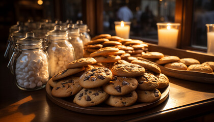 A decadent homemade chocolate chip cookie on a rustic wooden table generated by AI