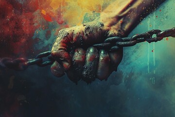 Person breaking free from chains. - obrazy, fototapety, plakaty