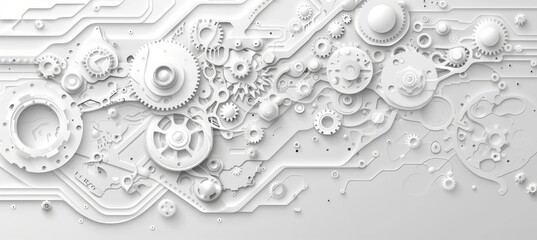 3d white paper gear on circuit board, hi tech engineering for business tech presentations.