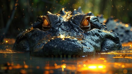 Crocodile stalking prey in Amazon rainforest.