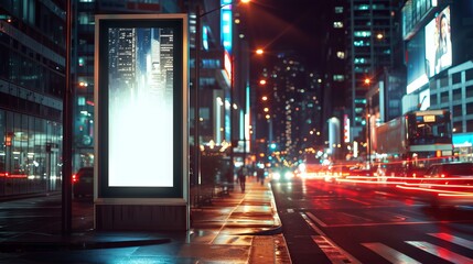 Billboard for a poster on the background of the city at night. Vertical billboard mock-up. --ar 16:9 --v 6 Job ID: b3388bf5-3f04-4fef-8bf3-7e8107cca088