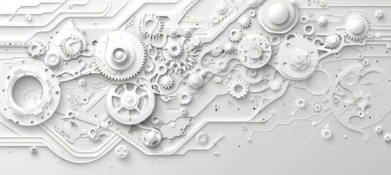 3d white paper gear on circuit board, hi tech engineering for business tech presentations.