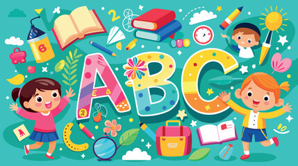 Joyful children learning with colorful ABC letters illustration