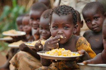 Many African children eating. - obrazy, fototapety, plakaty
