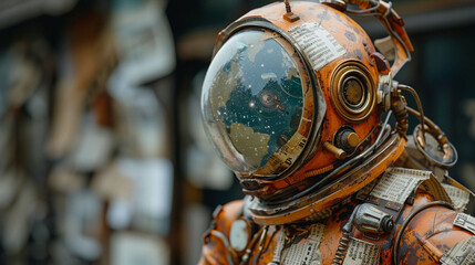 Naklejka premium An astronaut crafted with newspaper and steampunk aesthetics, blending old and futuristic