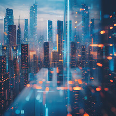 Futuristic Cityscape with Glowing Lights at Twilight