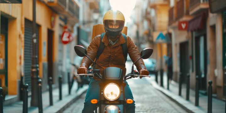 courier delivers parcel on motorcycle Generative AI