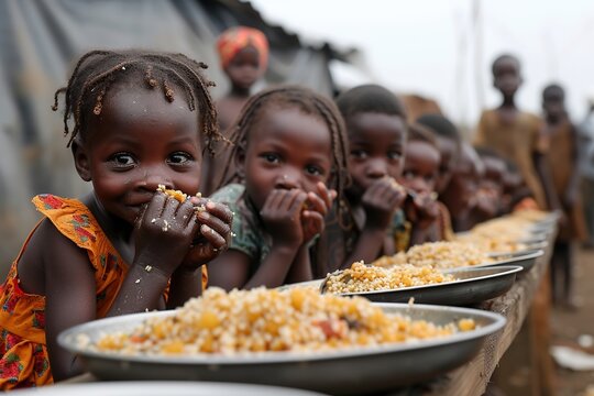 Many African children eating.