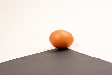 One chicken egg in a horizontal position. Chicken egg with textured surface on white and black background.abstract background with egg