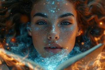 A captivating storyteller surrounded by a storytelling-themed background, emphasizing the power of narrative. Concept of storytelling magic. Generative Ai.