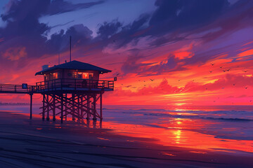 Painting of beautiful beach at sunset.