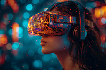 An individual immersed in virtual reality on a digital landscape, highlighting the intersection of technology and virtual experiences. Concept of virtual immersion. Generative Ai.