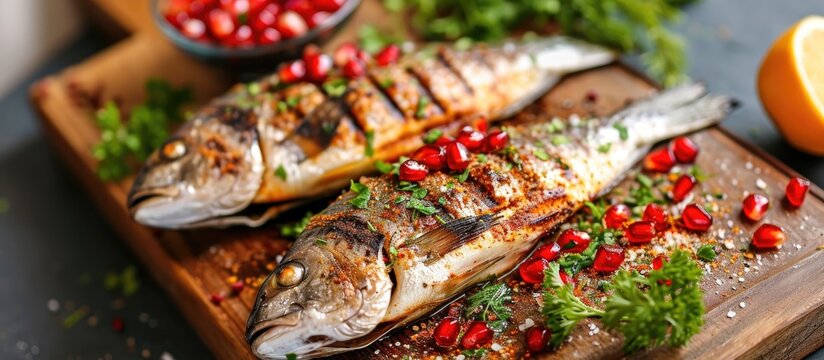 Close-up photo of grilled dorado fish on a wooden board, with spices, herbs, and pomegranate sauce, without people.