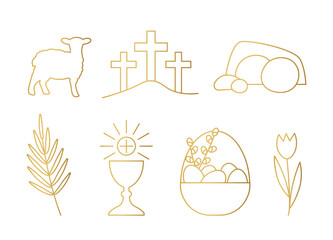 golden set of Easter related icons: lamb, palm leaf, mount Calvary, Jesus tomb, bell, holy communion chalice, basket with eggs and pussy willow twigs, tulip flower- vector illustration