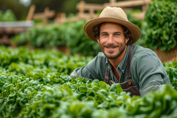 Young adult farmer with lettuce in a greenhouse