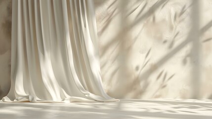 Obraz premium Elegant ivory Curtains in a Room with Sunlight Shadows on the Wall. Background for Product Presentation